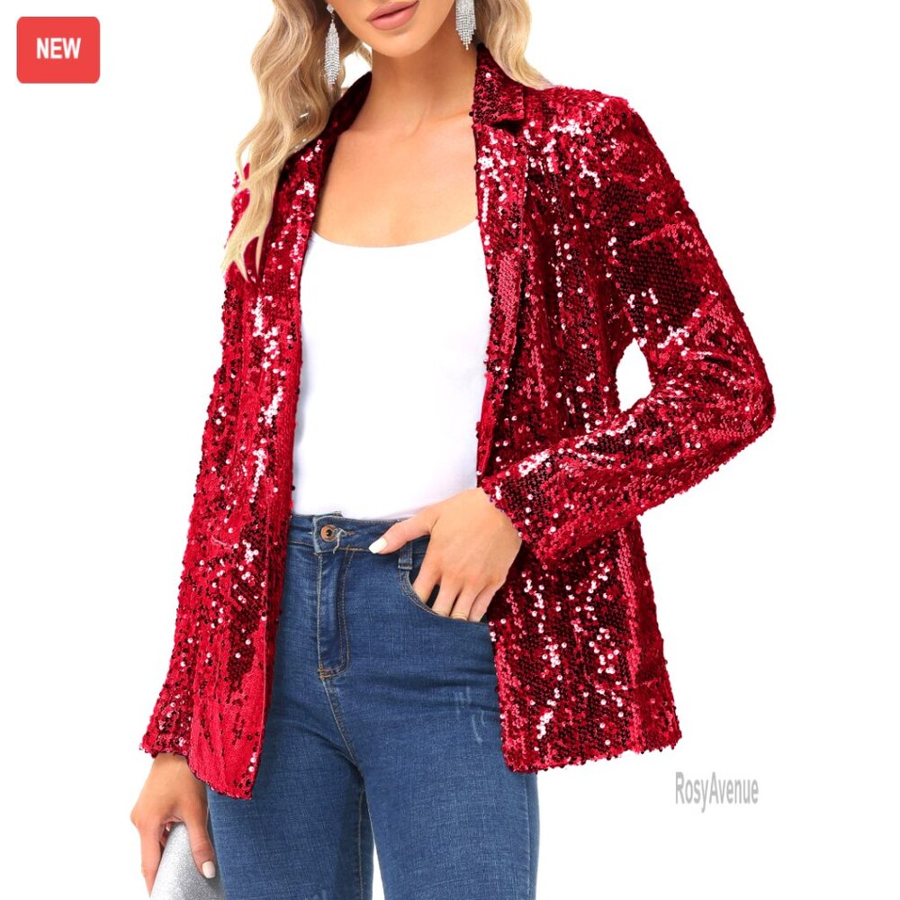 Sequin Blazer Sparkly Open Front Long Sleeve Glamorous Party Jacket Chic